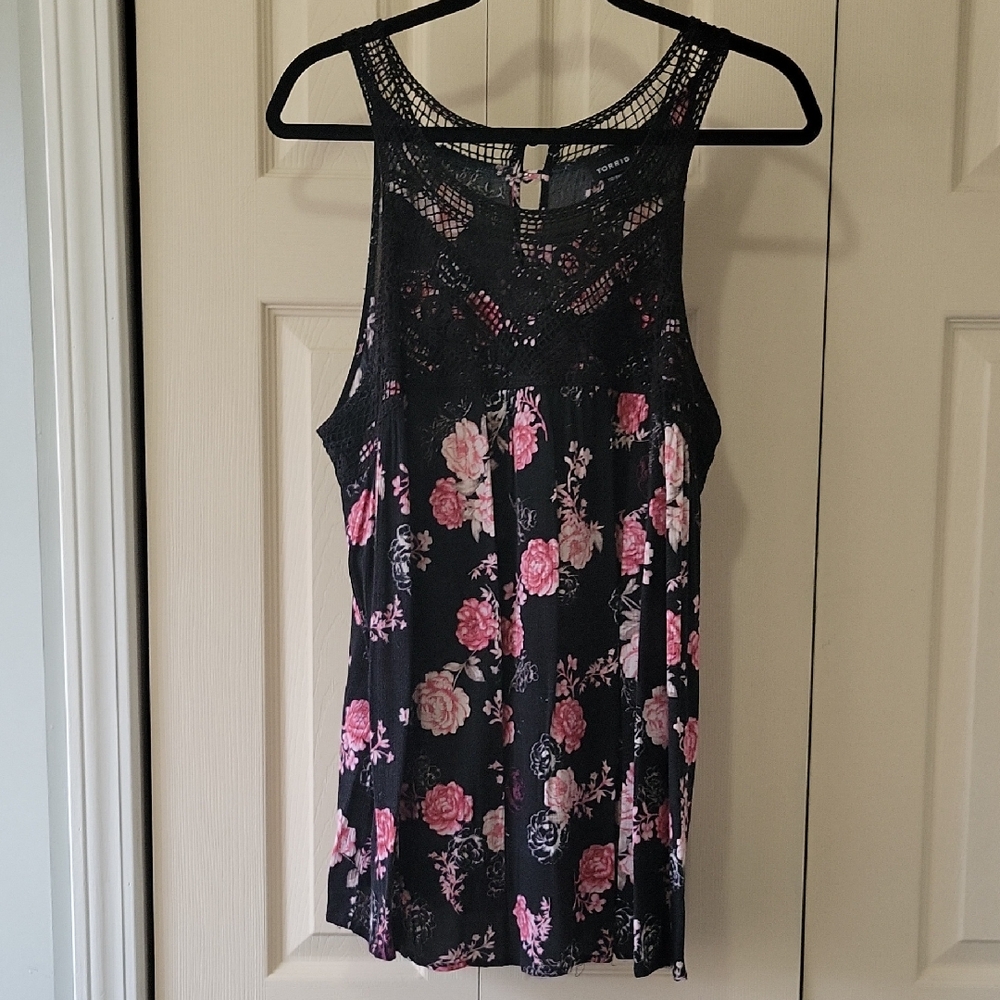 Floral Lace Yoke Sleeveless Top - Black with Pink Floral